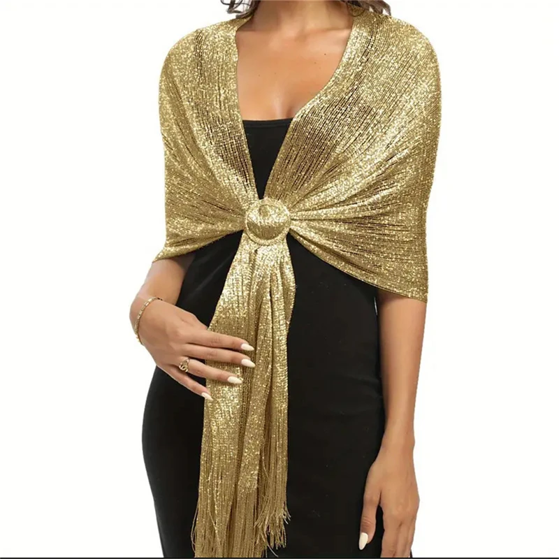 Sparkling Metallic Scarf with Buckle Women\'s Evening Party Shawl Gold Silver Shiny Shawls for Bridal Bridesmaid Wedding Wraps