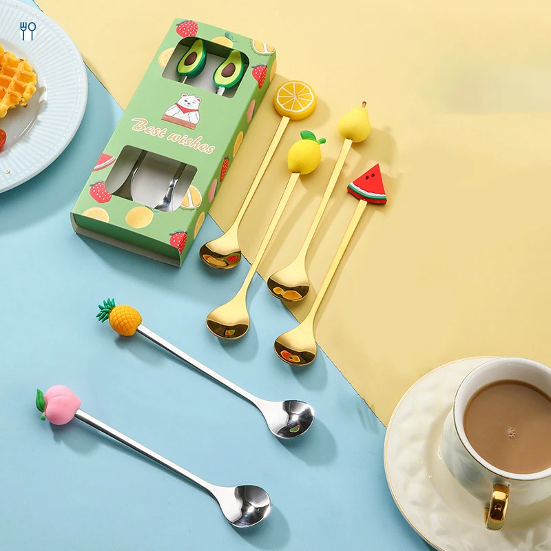 Mini Cartoon Creative Stainless Steel Spoon Fork Cartoon Fruit Macaron Dessert Spoons Fruit Forks Milk Coffee Stirring Spoons