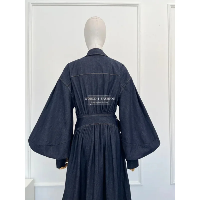 2025 Vestido midi vaquero de manga larga azul marino de nueva moda