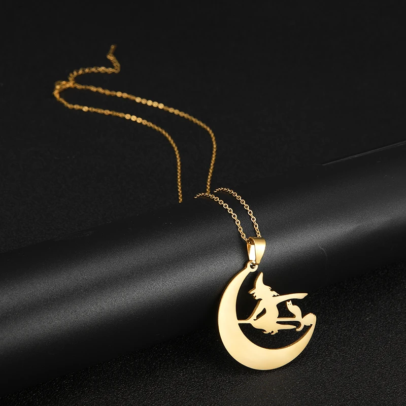 Magic Cat Witch Fairy Moon Necklace Cartoon Stainless Steel Necklaces Broomsticks Trend Jewelry Witchcraft Accessory for Woman