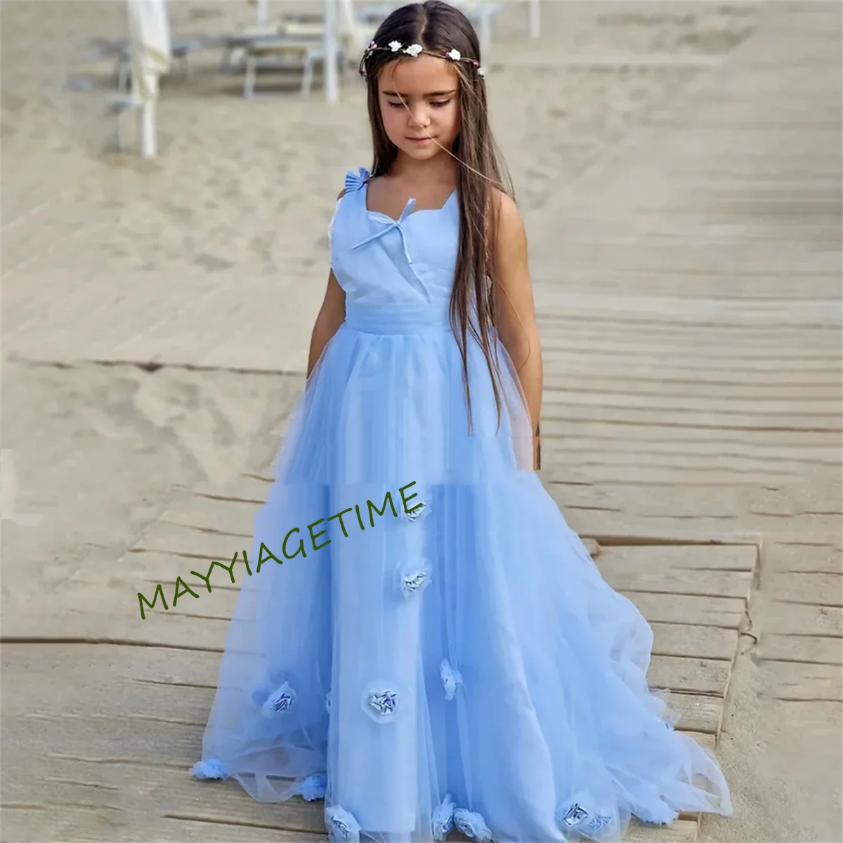 Flower Girl Dresses 2023 Sky Blue Girls Cute Lace Dresses Formal Princess Gowns For Wedding Party Tulle Junior Bridesmaid Dress