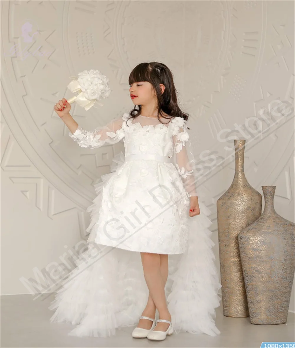 

White Elegant Flower Girl Dress Detachable Trailing Long Sleeves For Kids Birthday Party Event Competition Evening Dress