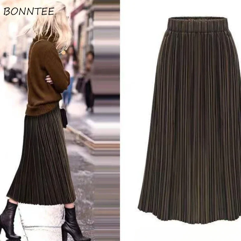 Pleated Long Skirts for Women Autumn Winter Velvet Baggy Faldas Simple Warm High Waist Casual European Style All-match Ladies