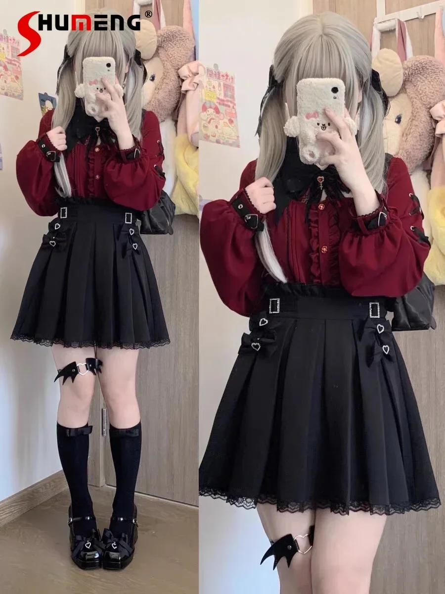 Lolita Sweet Mine Bat Lace Collar Black Red Shirts for Women Japanese Style Kawaii Cool Long Short Sleeve Top Blusas Femininas