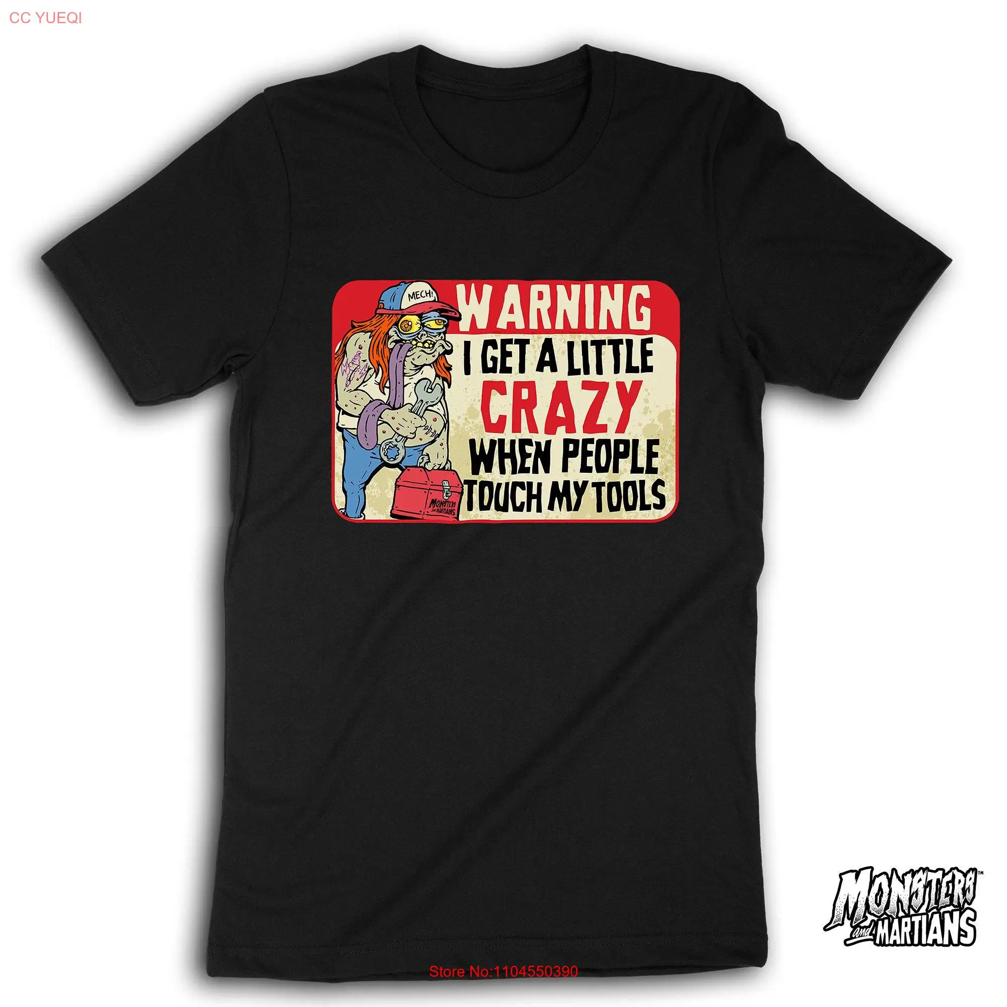 Crazy Mechanic T Shirt Funny Monster Warning Sign Psychobilly Toolbox 0900 long or short sleeves