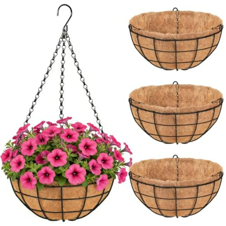 

Outdoor 16-inch metal hanging planters with thick coco coir liners, black finish, weather-resistant for porch gardens, ferns, a