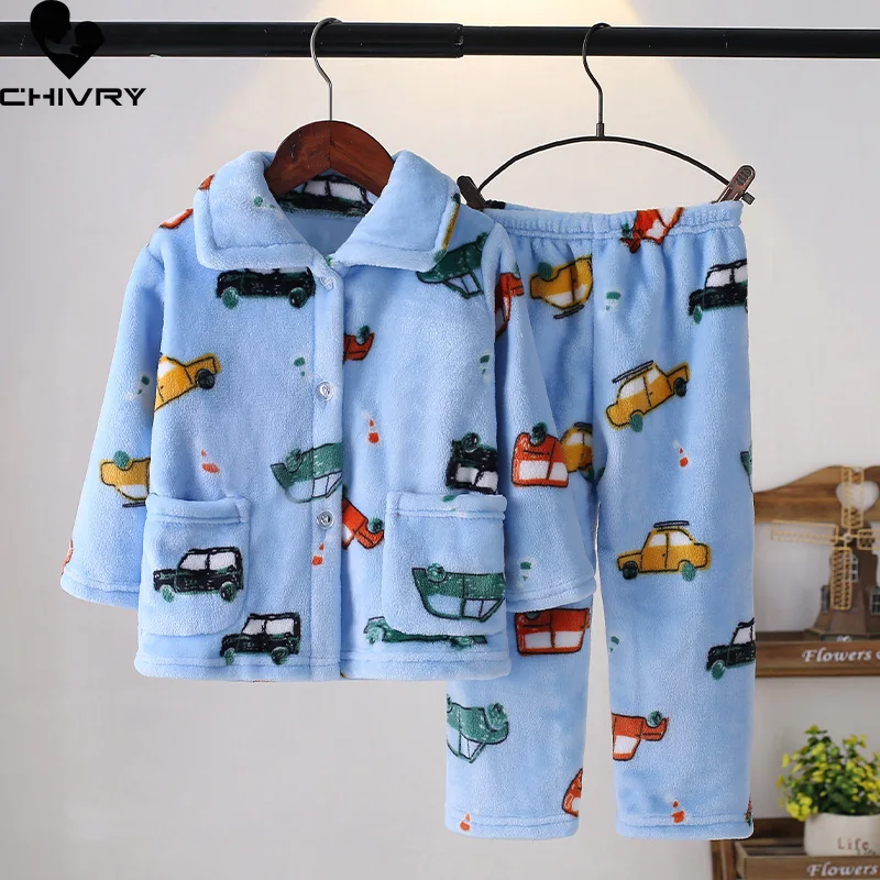 New Kids Boys Girls Autumn Winter Keep Warm Flannel Pajama Sets Cartoon Long Sleeve Lapel Tops with Pants Sleeping Clothing Sets