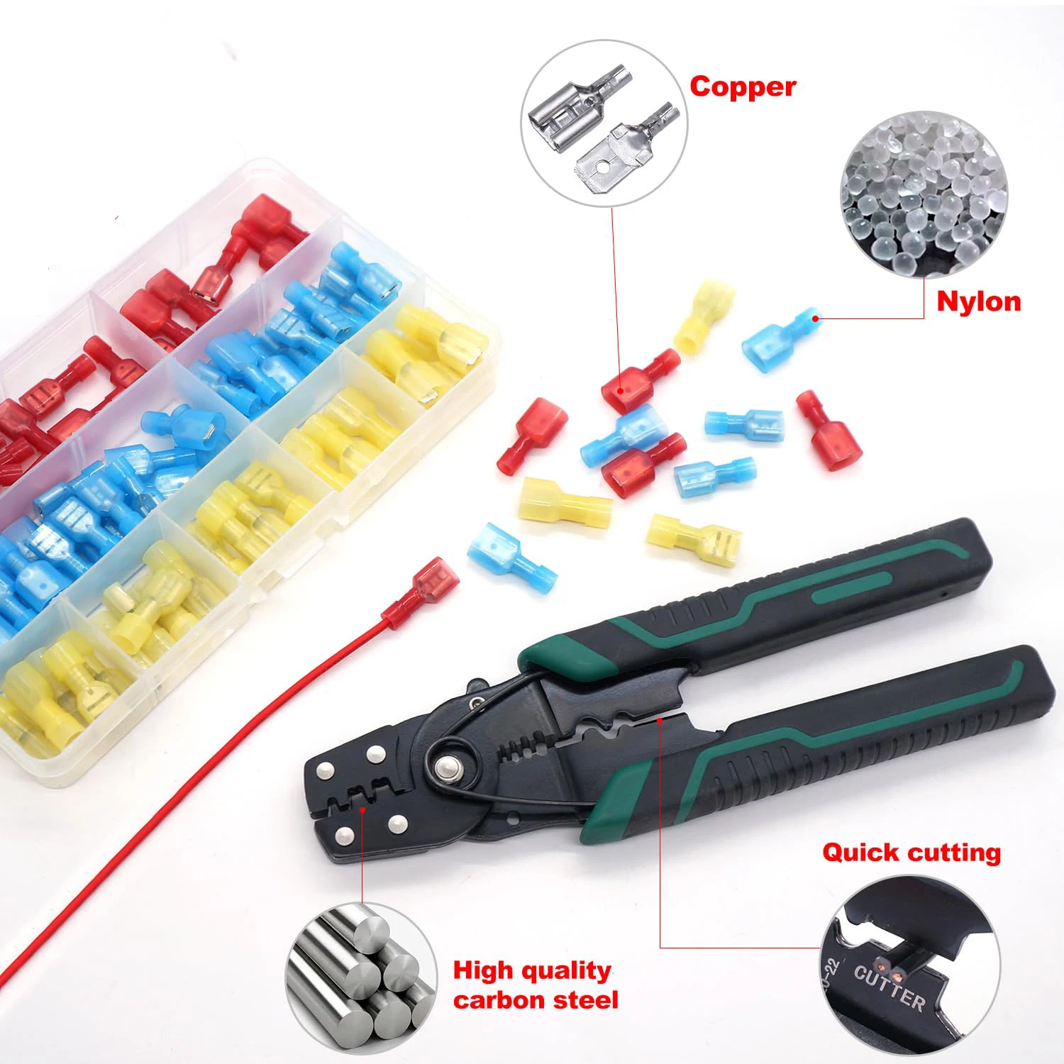 100-teiliges Nylon-Flachsteckverbinder-Set, 22-10 Gauge, Schnellverbindungen, vollständig isoliert, Stecker und Buchsen, Kabelklemmen-Sortiment