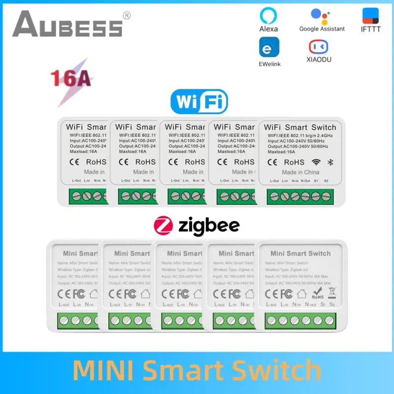 

Aubess 16A Wi-Fi \ Zigbee Mini Smart Switch Приложение двунаправленного управления Дистанционное управление Голосовое управление через приложение Alexa Google ewelink
