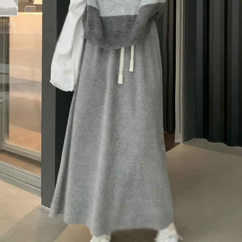 

High Waist Women's Fashion Casual Skirt Elastic Drawstring Solid Colour Spring Autumn Mid-Calf Dress