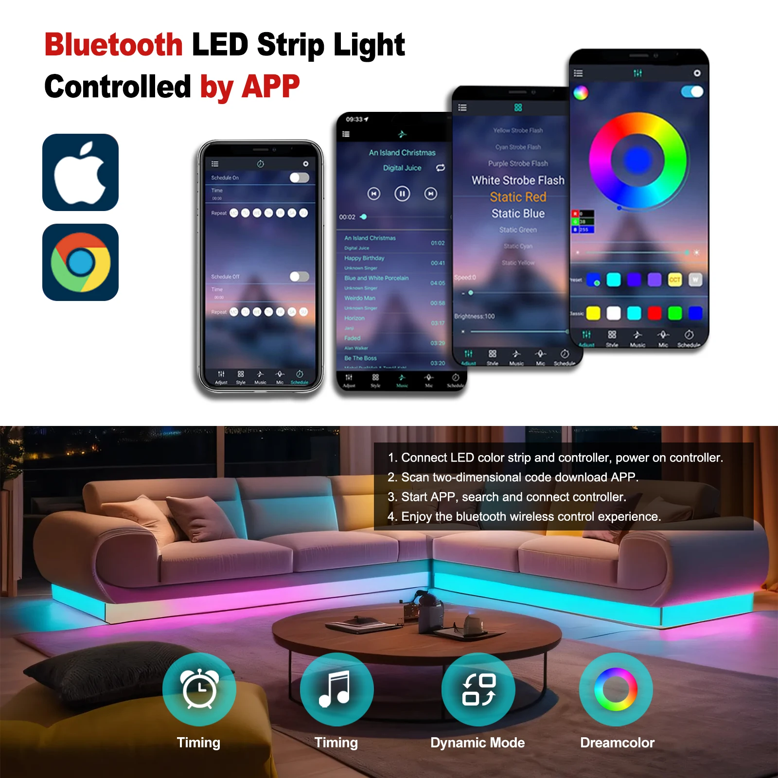 Neon LED Strip Lights para quarto, RGB 5050, Bluetooth, fita de controle WiFi, fita flexível, cor, TV Backlight, 24V, WS2811