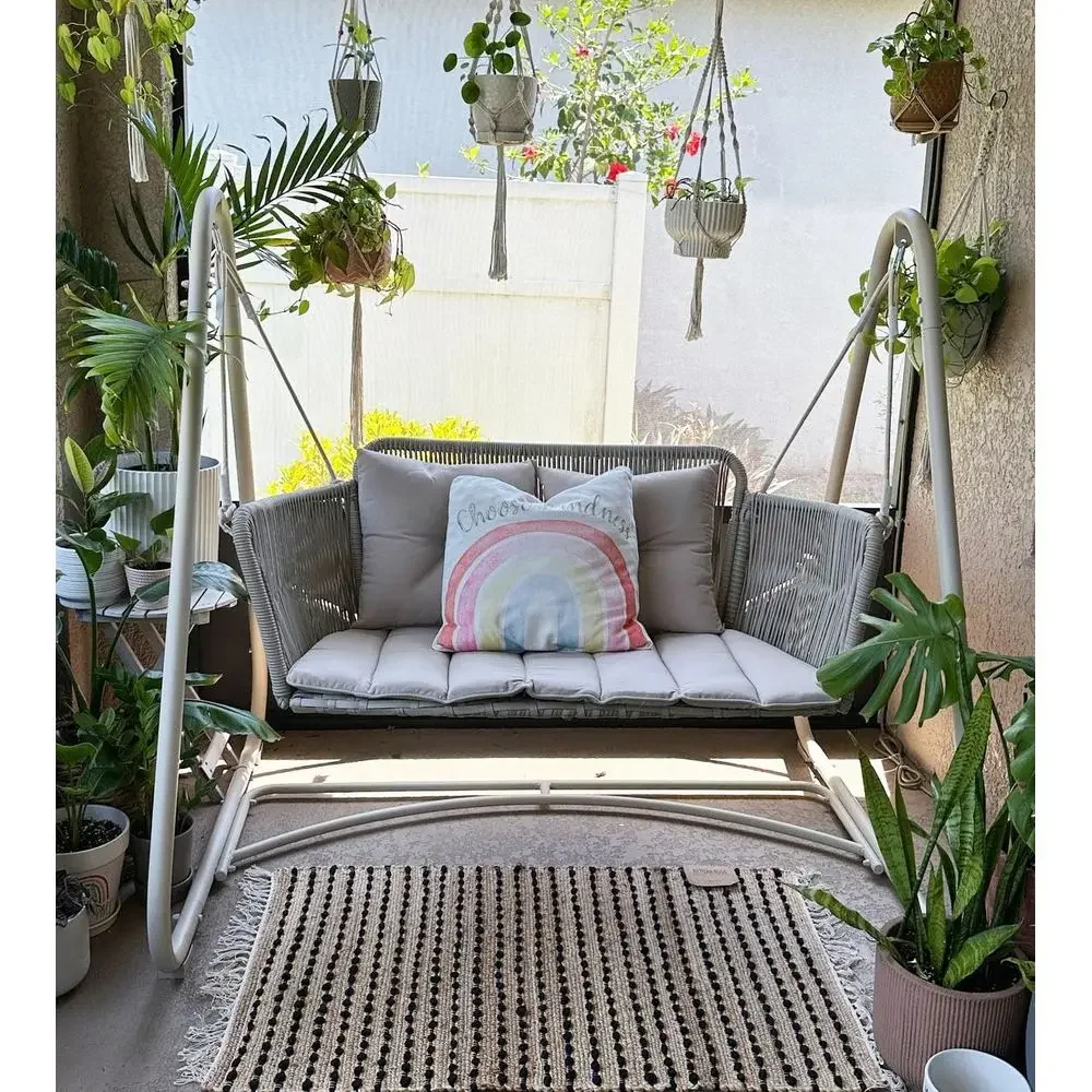 2-Person Outdoor Wicker Swing Chair with Stand, Cushion & Pillows, Cream