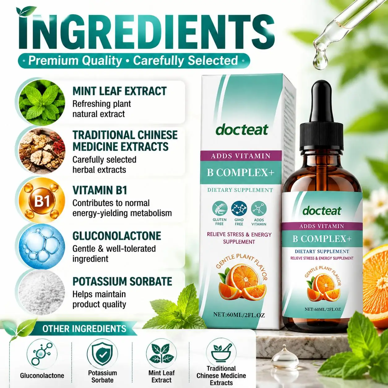 Docteat Vitamin B1 Drops with Energy Metabolism Support, Stress Relief, and Gentle Plant Flavor; Gluten Free GMO Free, 60 ML