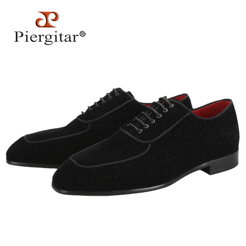 Piergitar Flash Dot Black Velvet Men Oxford Shoes For Wedding And Party Wear Handmade Lace-up Formal Shoes Red Outsole Plus Size