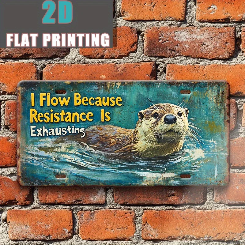 2D Flat Printing, 1pc, Retro Aluminum License Plate with Otter-Themed Humorous Sayings, Sign, Display Stand (12 Inches X 6 Inche