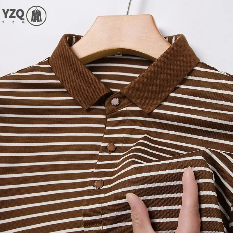 

2025 Новая мужская полосатая деловая повседневная рубашка-поло с короткими рукавами, модный удобный и дышащий топ с короткими рукавами