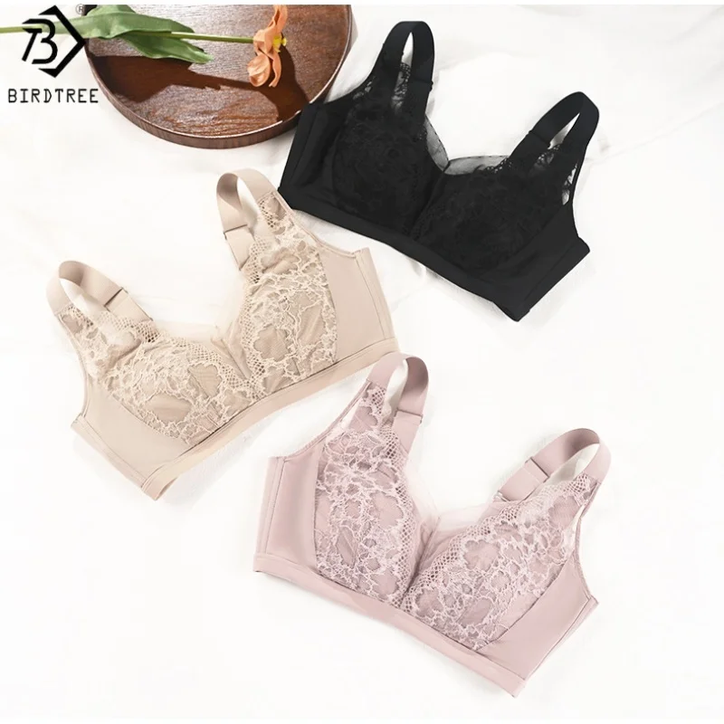 

Однотонный бюстгальтер из 100% шелка с подкладкой Birdtree, женское кружевное нижнее белье с чашками 3/4, мягкое дышащее нижнее белье с широкими бретелями A59130JF