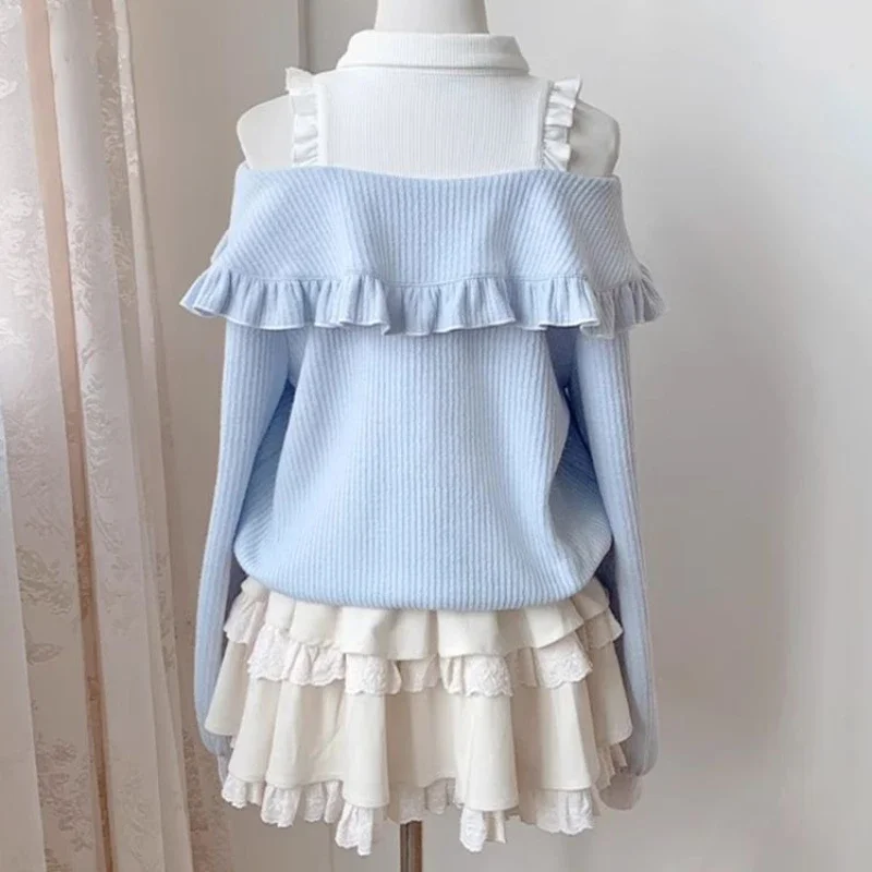 ชุดเซ็ต 2 ชิ้น สไตล์โลลิต้า น่ารักหวานแหวว เสื้อไหมพรมถักลายโบว์ กระโปรงสั้นลูกไม้ทรงเค้ก สำหรับผู้หญิง ฤดูใบไม้ร่วง สไตล์ฮาราจูกุ Y2k