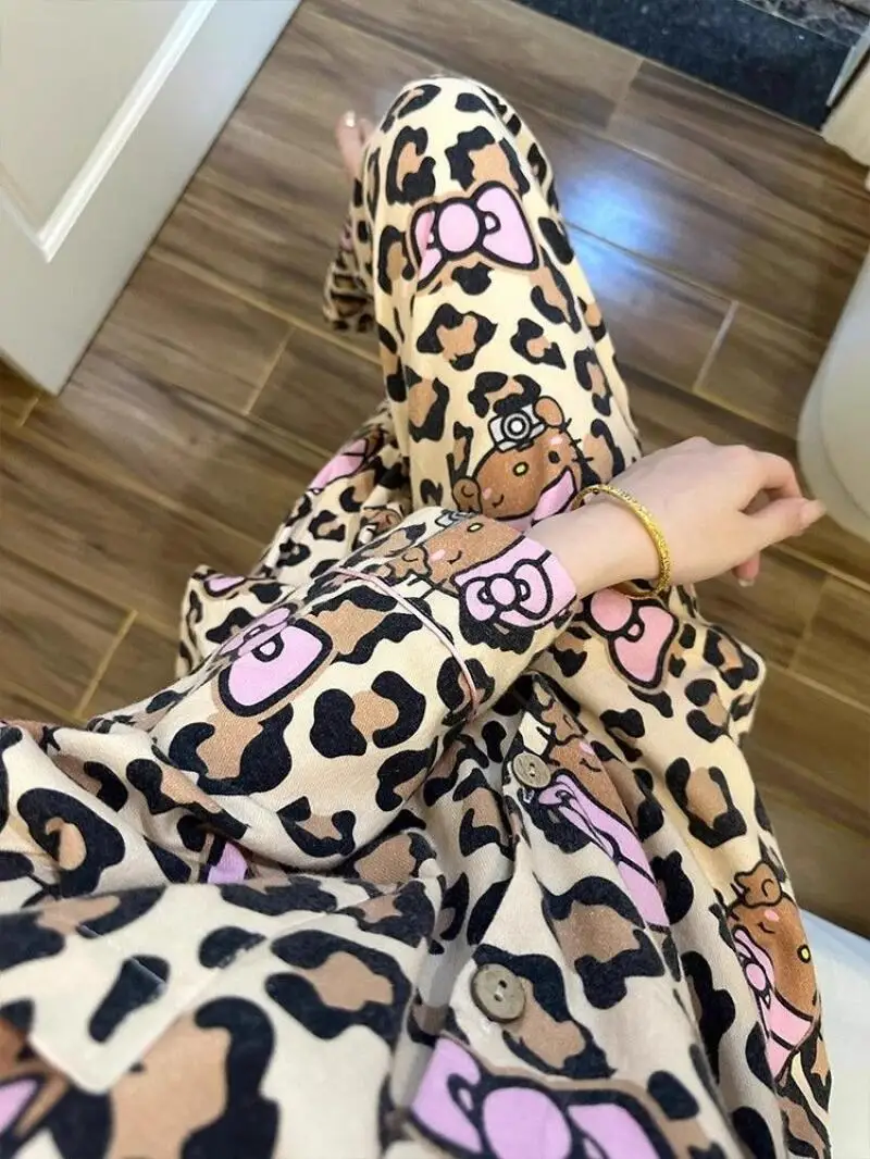 

Sanrio Hello Kitty Leopard Print Pajamas Set Autumn Winter New Long Sleeves Trousers High Appearance Keep Warm Home Clothing Set
