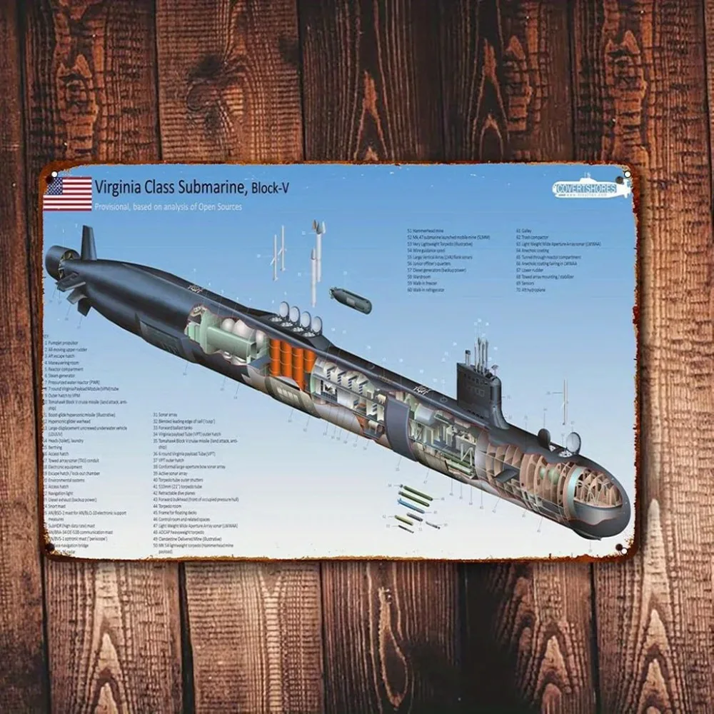 Vintage Virginia-Klasse U-Boot Metallschild 8x12 Zoll – Marine-Blitzplattendekor, robuste Eisen-Wandkunst für den Männerbereich