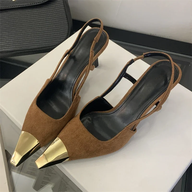 

Women's Suede Metallic Pointed Toe Double Thin Strap Slingback Stiletto Heels,Minimalist Daily Office Evening Footwear,Drop Ship