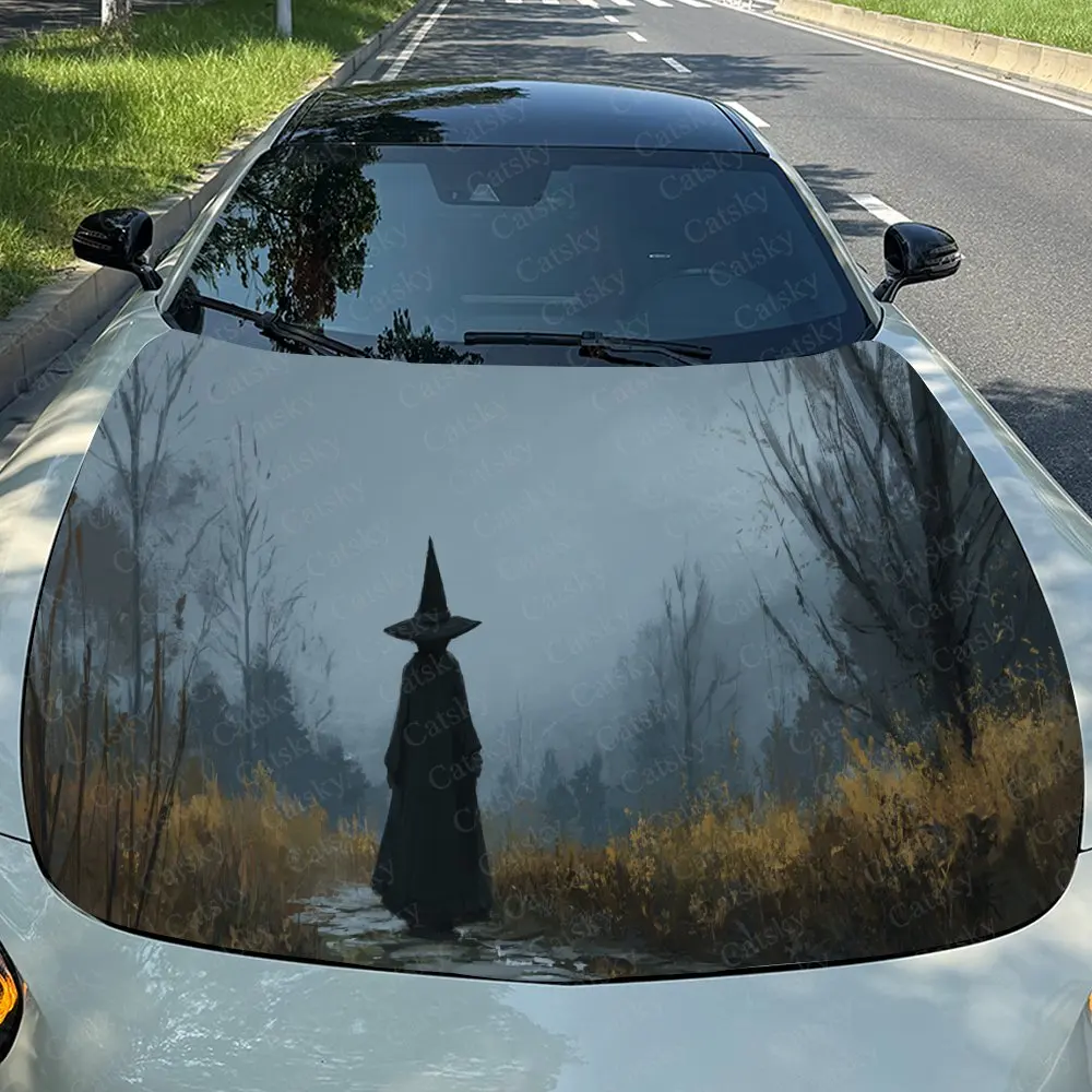 

Car Decal Lone Witch with Autumnal Forest Artistic Fusion Design, Embodying a and Solitary Ambiance Car Hood Sticker, Waterproof