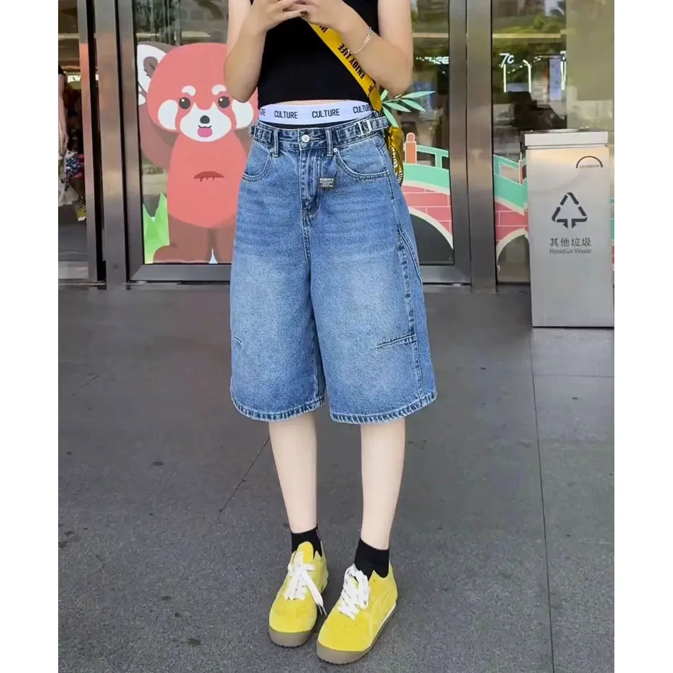 High Waist Denim Shorts Women's Summer New Casual Loose Straight Five-point Pants Ladies Fashion Blue Jeans Knee Length Pants