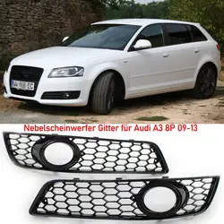 Black Front Bumper Honeycomb Grille Fog Light Bezel Cover For 2008-12 Audi A3 8P 8P0807682D 8P0807681D