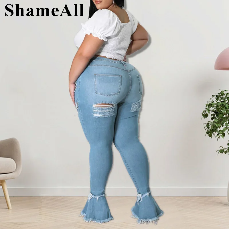 Plus Size Streetwear Lace Up Sexy Ripped Skinny Black Flare Jeans 4XL Woman Club Party High Waisted Stretchy Denim Bell Bottom