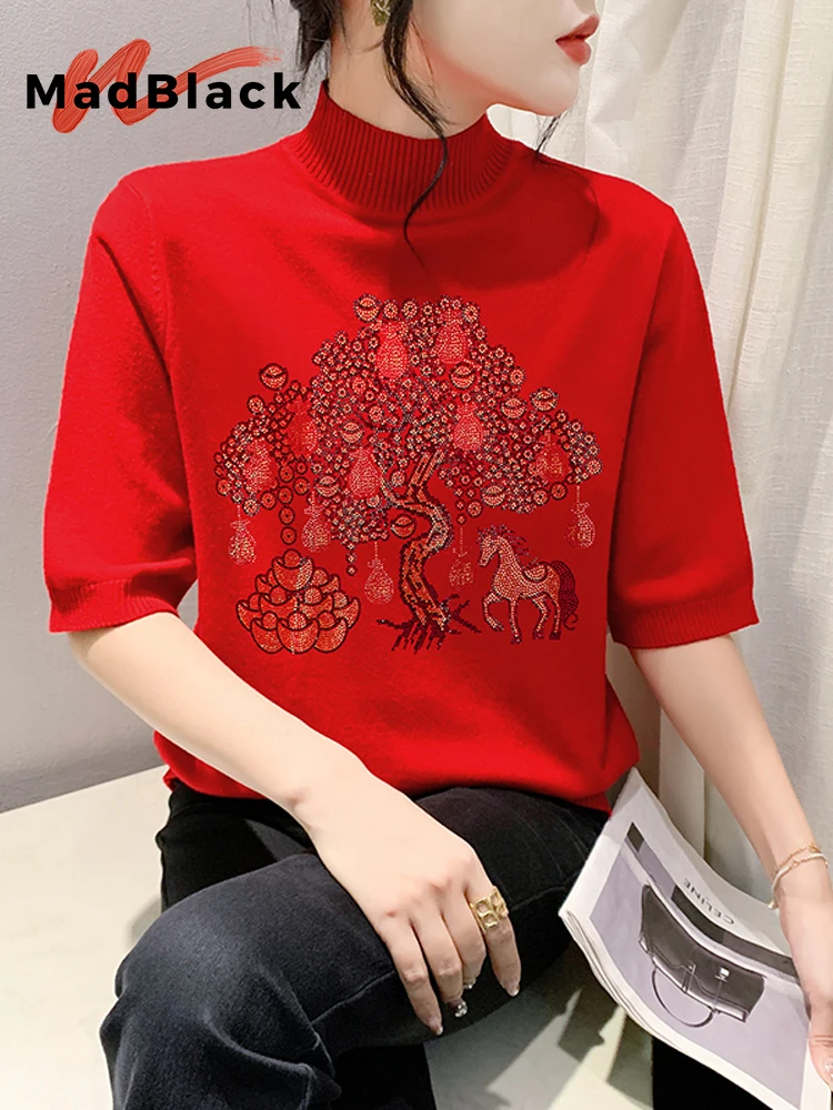 

MadBlack-Женский европейский свитер, сексуальный воротник с бриллиантами, модный праздничный свободный трикотаж с короткими рукавами, весенняя новинка 2026 T5D062CC