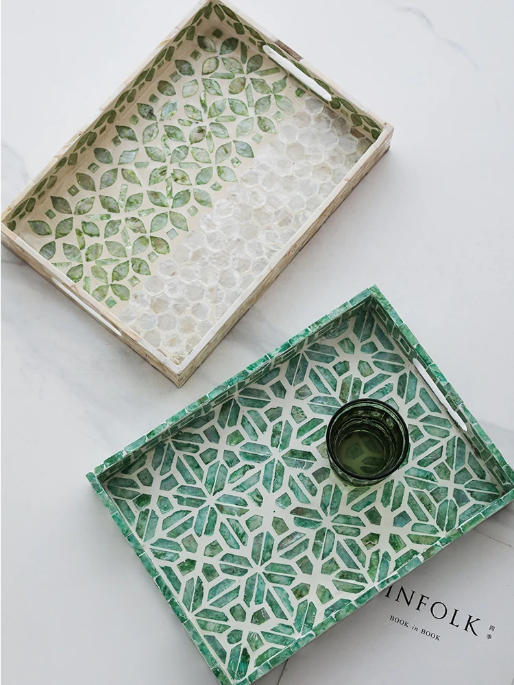 

Luxury Rectangle Green Mother Of Pearls Tray With Two Handles Hand Crafted Home Tabletop Decor Storage Plate For Coffee Cups Set