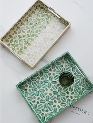 Luxury Rectangle Green Mother Of Pearls Tray With Two Handles Hand Crafted Home Tabletop Decor Storage Plate For Coffee Cups Set