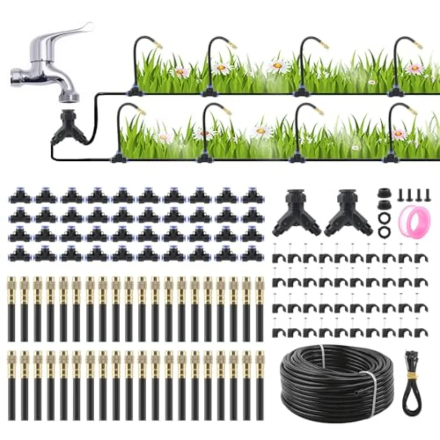 

200Ft Drip Irrigation System 1/4 360 Bendable Fast-Lock Tubing with 40pcs Adjustable Misting Copper Nozzles Automatic Leak-Resi
