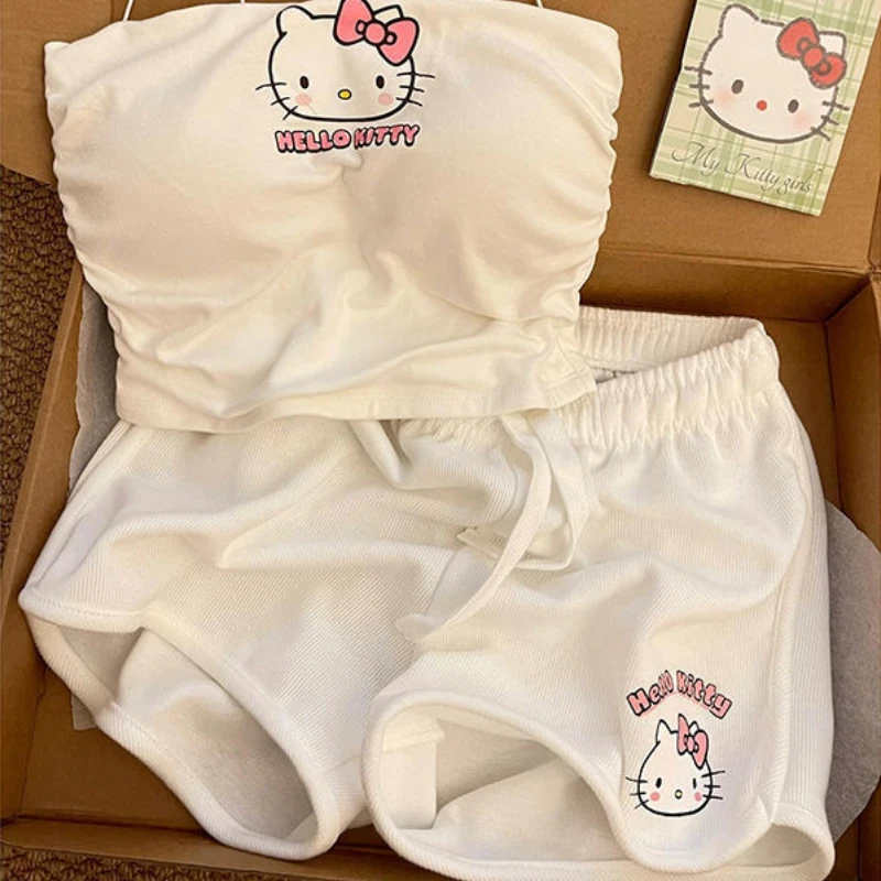 Sanrioed Cute Hello Kittys Printed Suspender Pajamas Set with Chest Pad for Girls Cartoon Suspender Shorts Slim Home Clothes