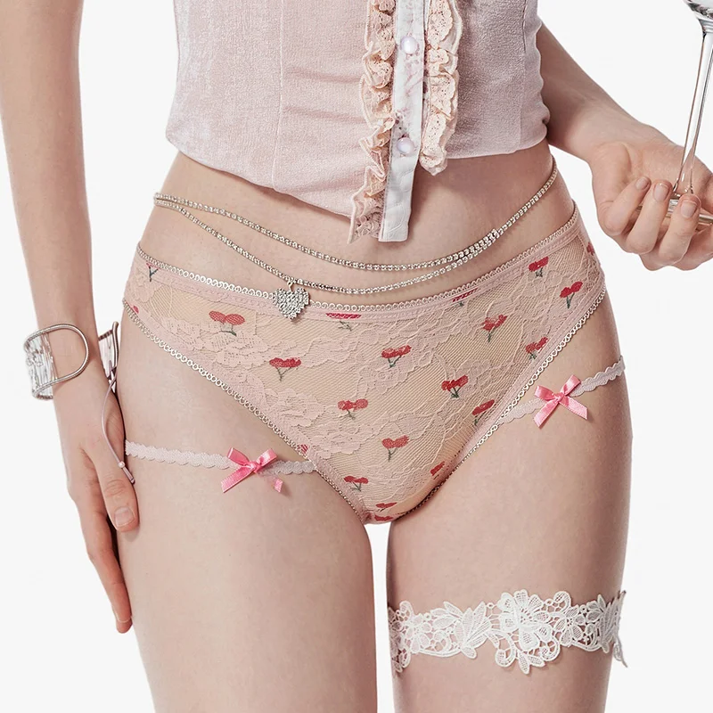 Mädchen-Slips Dünn Sexy Niedlich Kirschmuster Damen-Slips mit Schleife Spitzen-Unterwäsche Japanischer Tanga mit Niedriger Taille G-String Dessous