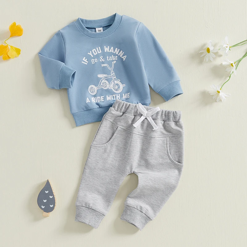 Conjuntos de otoño para bebés y niños pequeños, sudaderas con cuello redondo y manga larga con estampado de bicicleta y letras, pantalones lisos, conjuntos de tops y pantalones