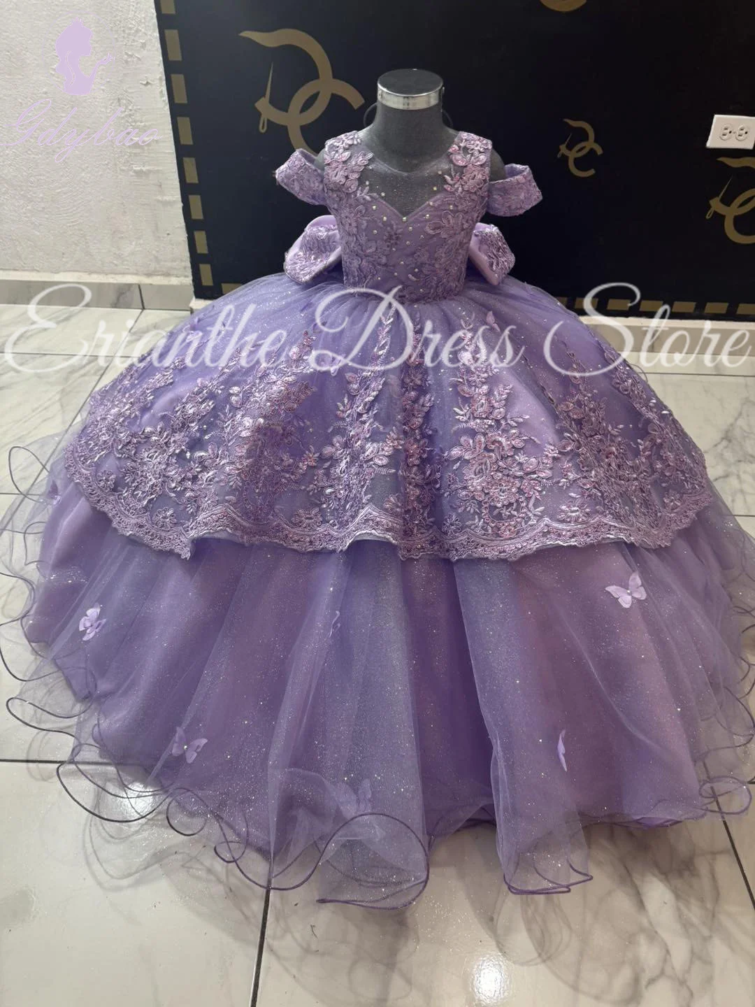 

3D Butterfly Applique Tulle Puffy Flower Girl Dress For Wedding Purple Kids Birthday Party First Communion Ball Gowns Customized