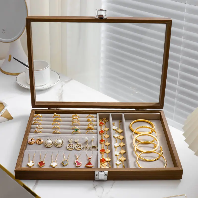 

Jewelry Organizer Box Wooden with Glass Lid Anti-Dust, Storage Containers for Necklace Bracelet Ring Earrings, Home Display Case