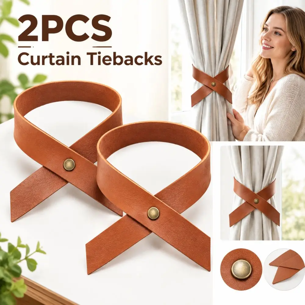 2Pcs New PU Leather Curtain Tiebacks Snap Closure Brown Curtain Straps Simple Style Rope Tieback Living Room
