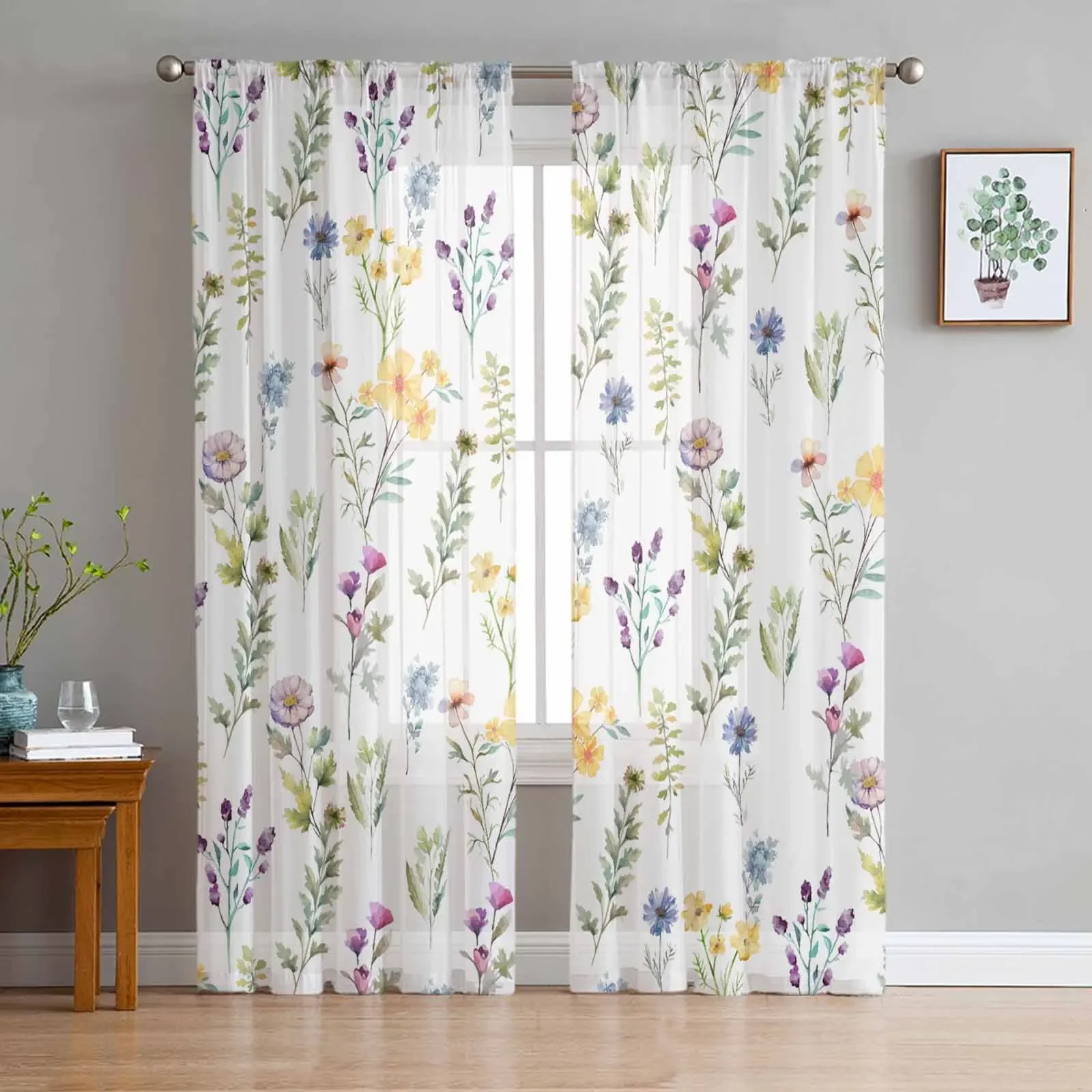 Flower Watercolor Hand Painted Sheer Curtains for Living Room Kitchen Window Curtains Bedroom Tulle Voile Curtains