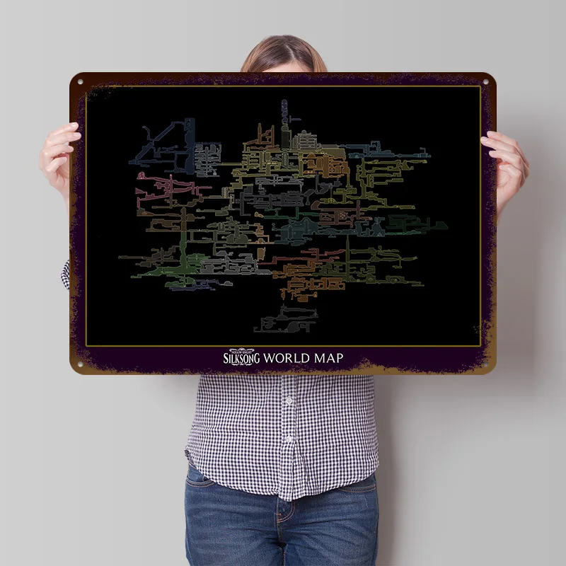 Hollow Knight: Silksong World Map Metal Poster Customized Wall Art Retro Vintage Metal Signs for Man Cave Bedroom Decorations