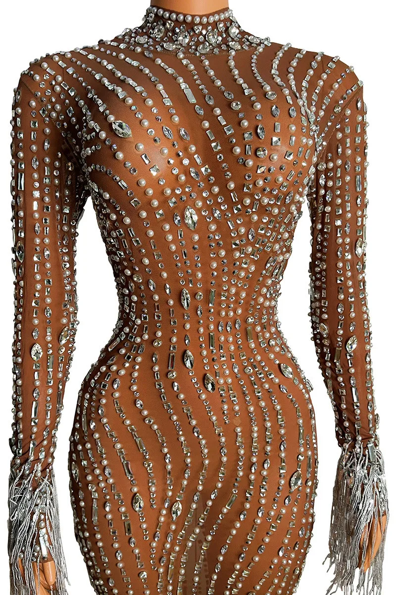 Long sleeved Rhinestones pearls Mesh Dress Luxury Birthday Celebrate Stretch Dress Formal Party Dress Wedding Party Prom Dress