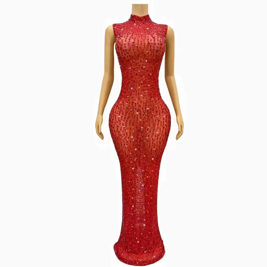 

Luxury Prom Party Crystal Long Dress Women Birthday Celebrate Wedding Catwalk Floor Length Gowns for Singer Model Photography