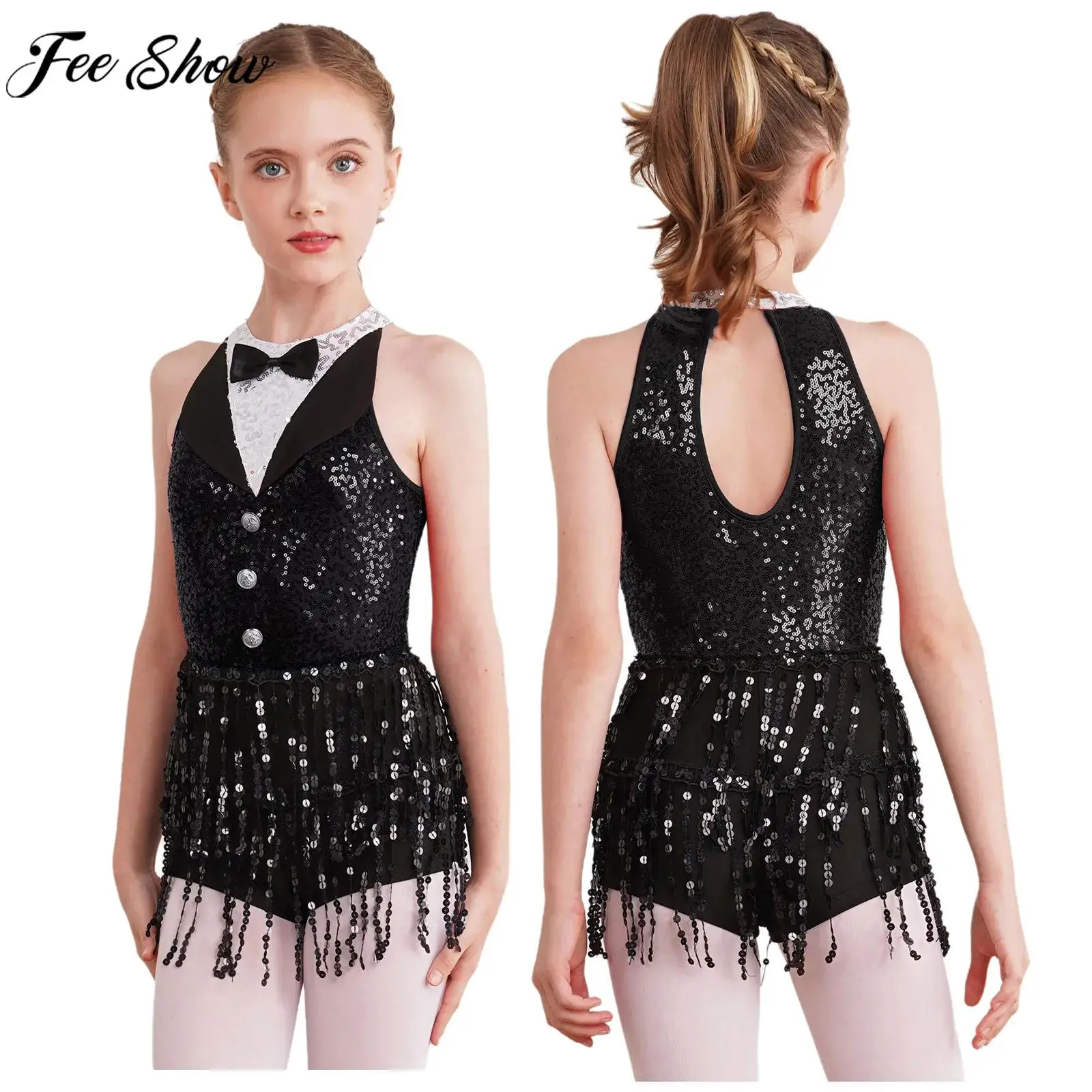 

Children Girls Jazz Latin Dance Dress Sleeveless Shiny Sequin Tassel Leotard Cha-cha Samba Rumba Skating Performance Costume