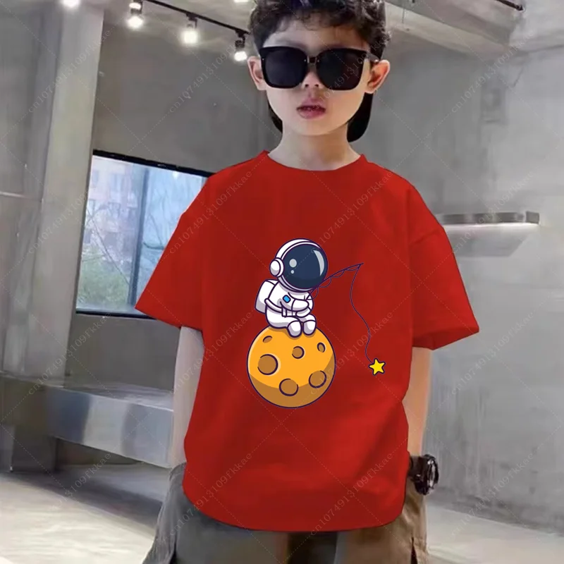 Cartoon Astronaut Print T-shirt Casual Crew Neck Short Sleeve Tops for Spring Summer Children Boys Girls Clothing Free Shipping