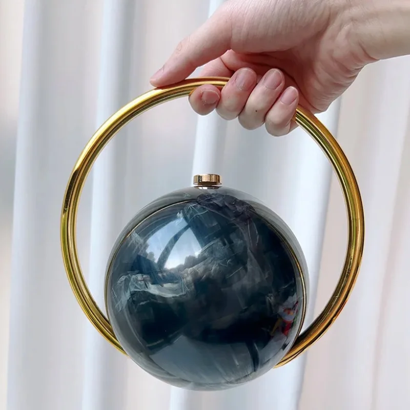 

Luxury Fashion Women Acrylic Smooth Bright Round Ball Handbags Brand Golden Round Handle Marble Pattern Evening Clutch Bag