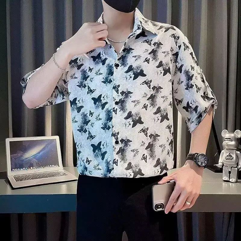 

Summer Loose Fit American Retro Print Short Sleeve Shirt for Men Breathable Polyester Casual Style Big Size 250 Pounds