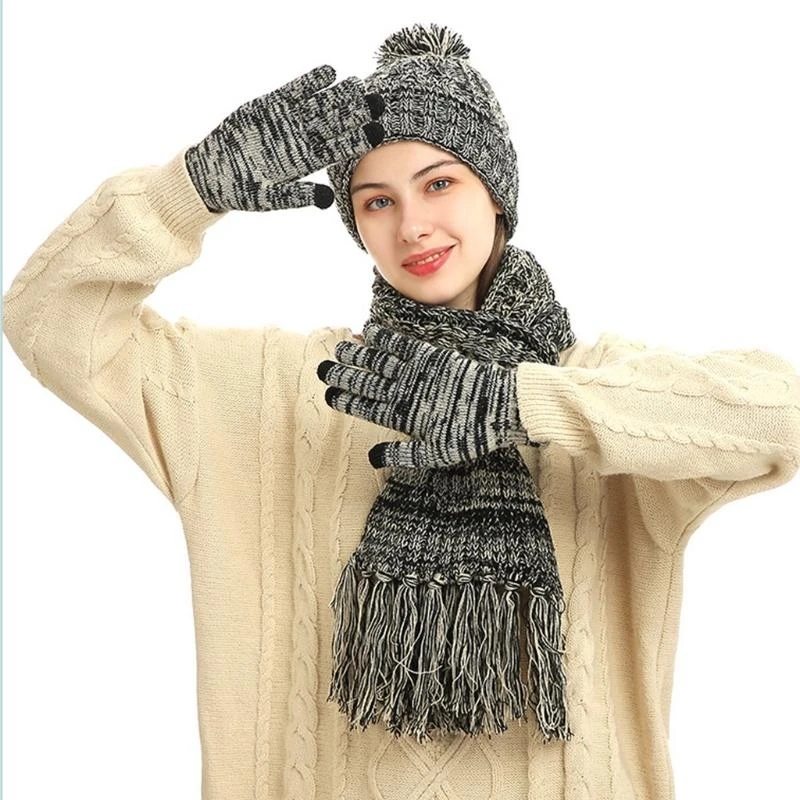 49MF Women Winter 3Pcs Beanie Hat Tassel Long Scarf for Touch Screen Gloves Set Colorful Knit Plush Lined Cap Neck War