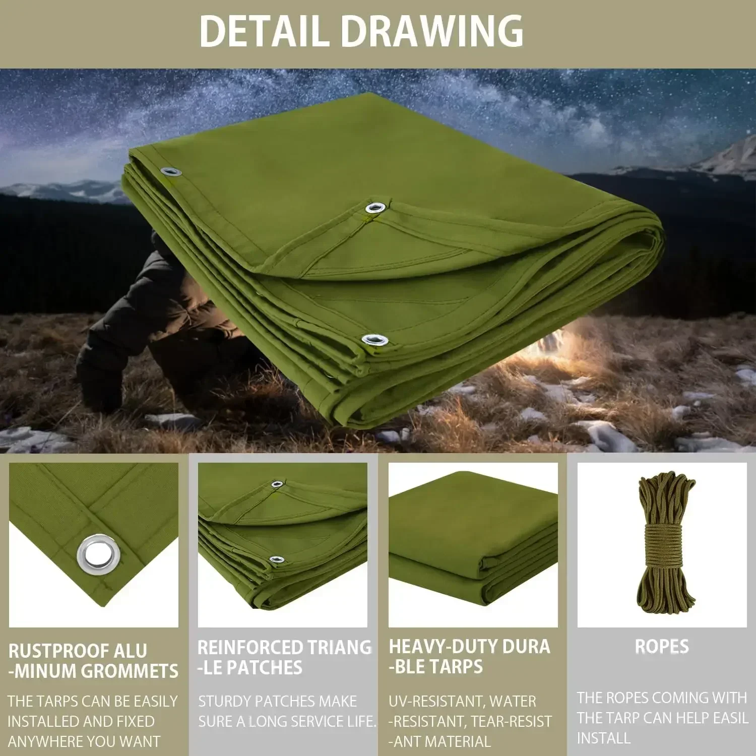 16x26ft Canvas Tarp 22 Mil Tarps 14 oz Canvas Tarpaulin Heavy Duty Cloth Water/UV Resistant Cover with Rustproof Grommets & Rope