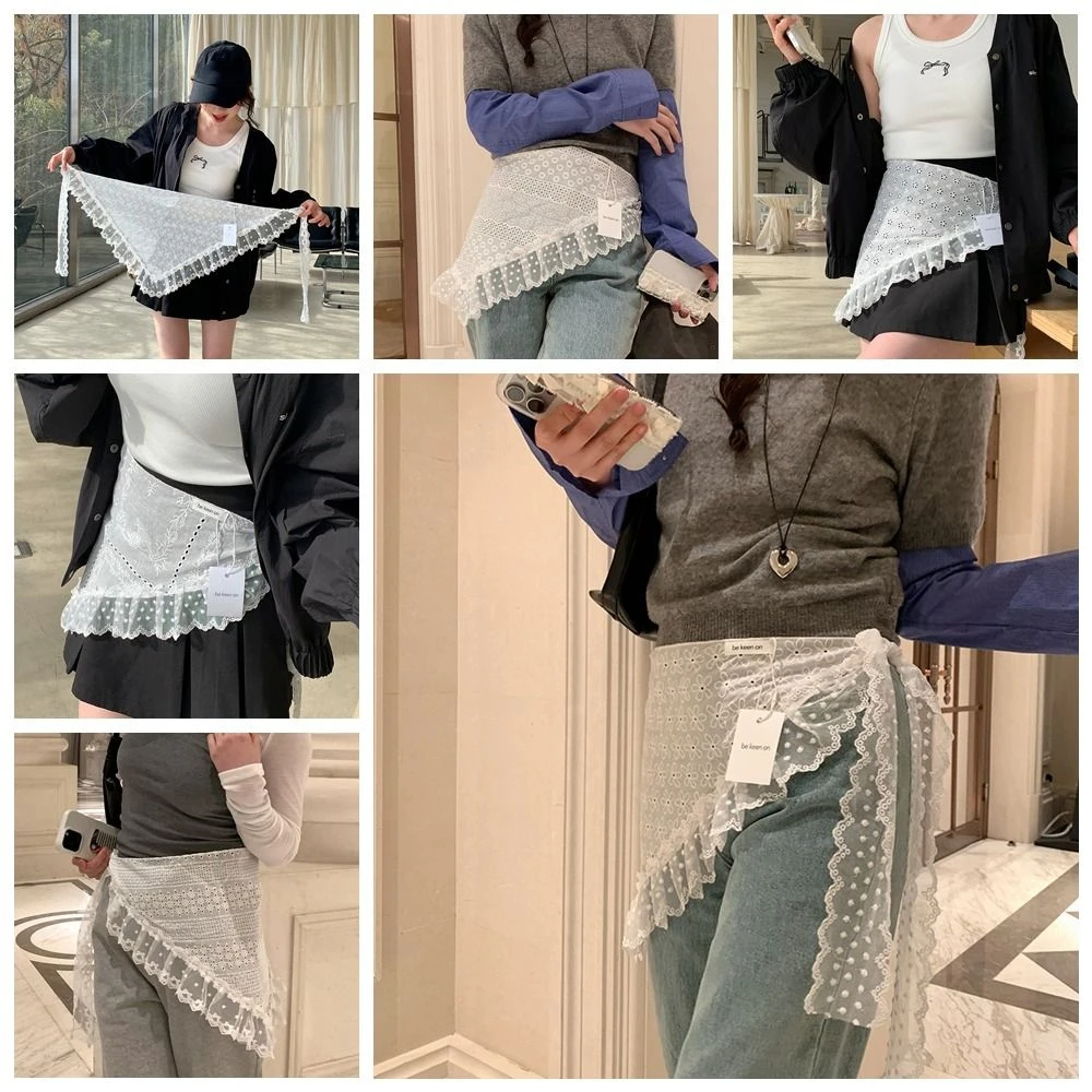 Rok Mini Renda Manis Y2K Rok Kasa Pinggang Tinggi Bunga Rok Tepi Ruffle Bertali Gaya Korea Wanita